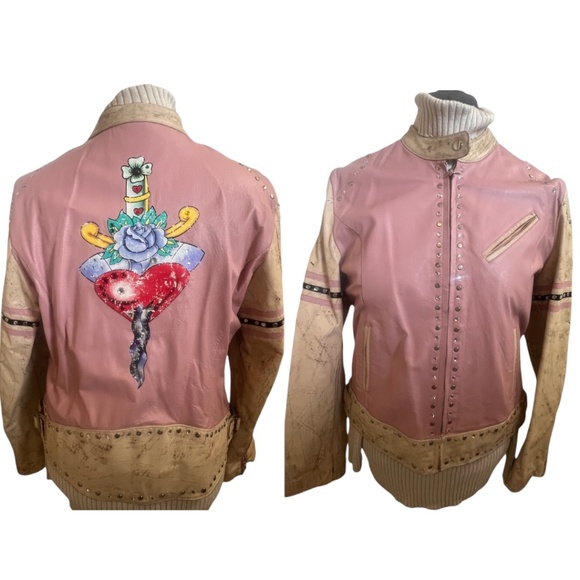 Wilsons Leather Moto Jacket Vintage Rare Biker Woman Distressed XL Pink Tattoo